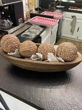 Natural Wood Dough Bowl with Woven Rattan Decorative Balls